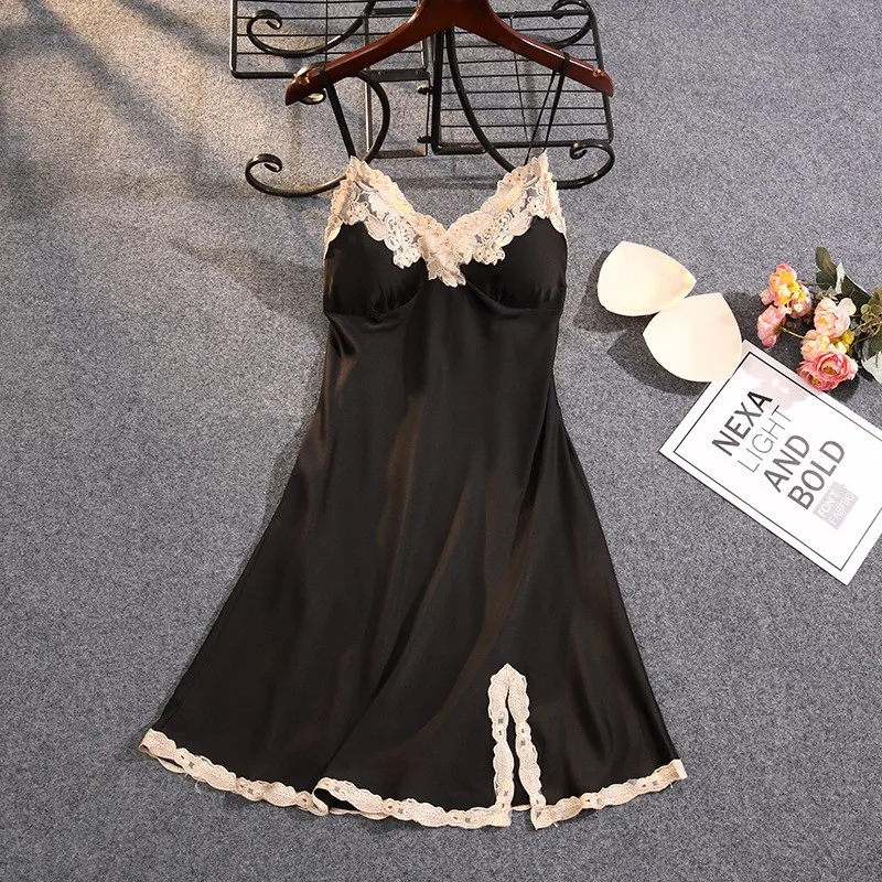 Satin Suspender Skirt Sleepwear Women Nightdress Silky Lace Nightwear Intimate Lingerie Sexy Nightgown Casual Home Dressing Gown