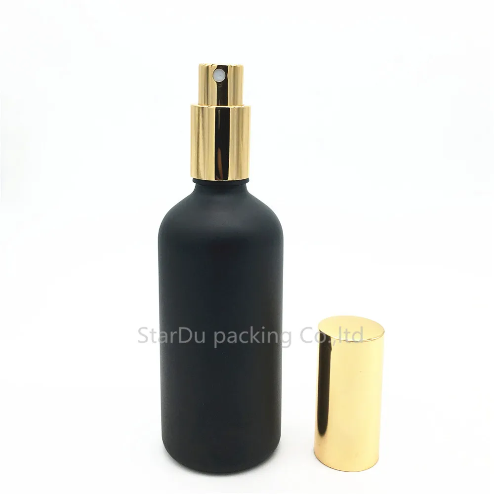 

200pcs 100ml Black Frosted Glass Bottle With Gold Aluminum sprayer, Essential Oil Spray Glass Perfume Bottle