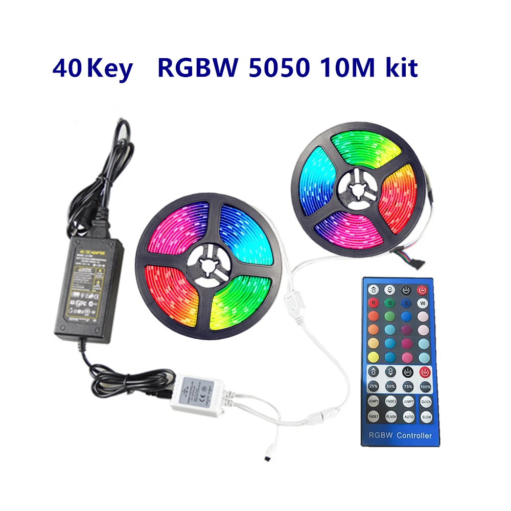 Waterproof  LED Strip Light RGBW 5050 smd Flexible Ribbon 40keys IR Remote Controller 5m 10m led light Full set DC12v  Adapter