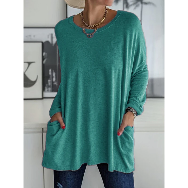 Solid Color Vintage Pocket Oversized T-shirt Female Clothing Fashion Autumn Tunics Basic Y2k Top Women 2021 Long Sleeve T Shirt
