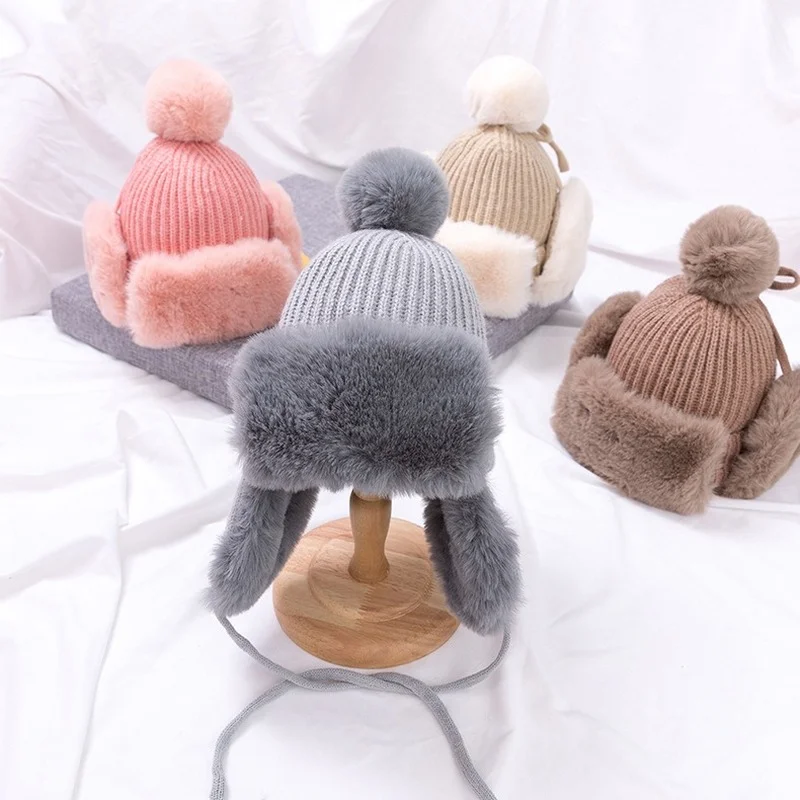 

Baby Jongens Meisjes Hoed Kids Kinderen Oor Flap Muff Winter Warm Pluche Katoen Cap Outdoor Warme Gebreide Beanie Geschenken