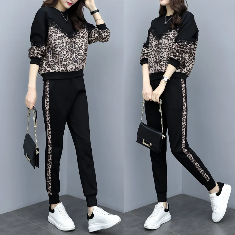 

Leopard Print Casual Pantsuit Set for Women, Oversize Tracksuits, full sets Large Sizes, Long Sleeve, Fashion Sportswear, 5XL