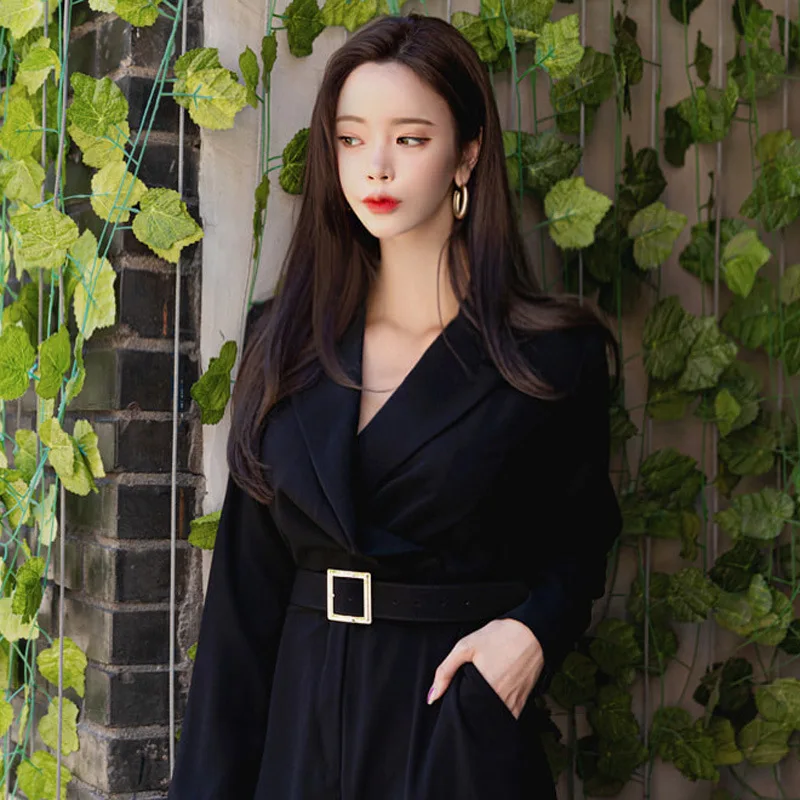 2019 Winter Korean Style OL Solid Color Jumpsuits Women Turn Down Collar Belted Long Romper Formal Work Wear Playsuits Plus Size