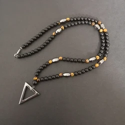 Retro Black Long Necklace Tiger-Eye Stone Beads with Triangle Pendant for Men and Women Natural Jewelry Fashion Gift