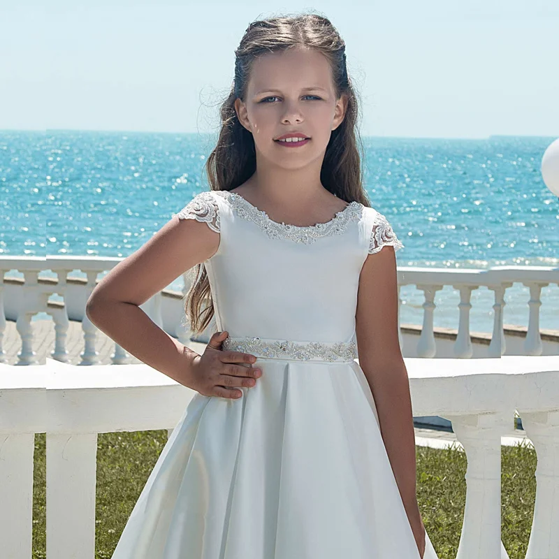 Vestidos Elegantes de flores para niña, vestidos de satén con cuello redondo para boda, vestidos de primera comunión de manga corta con abalorios para niños, vestidos de fiesta de boda