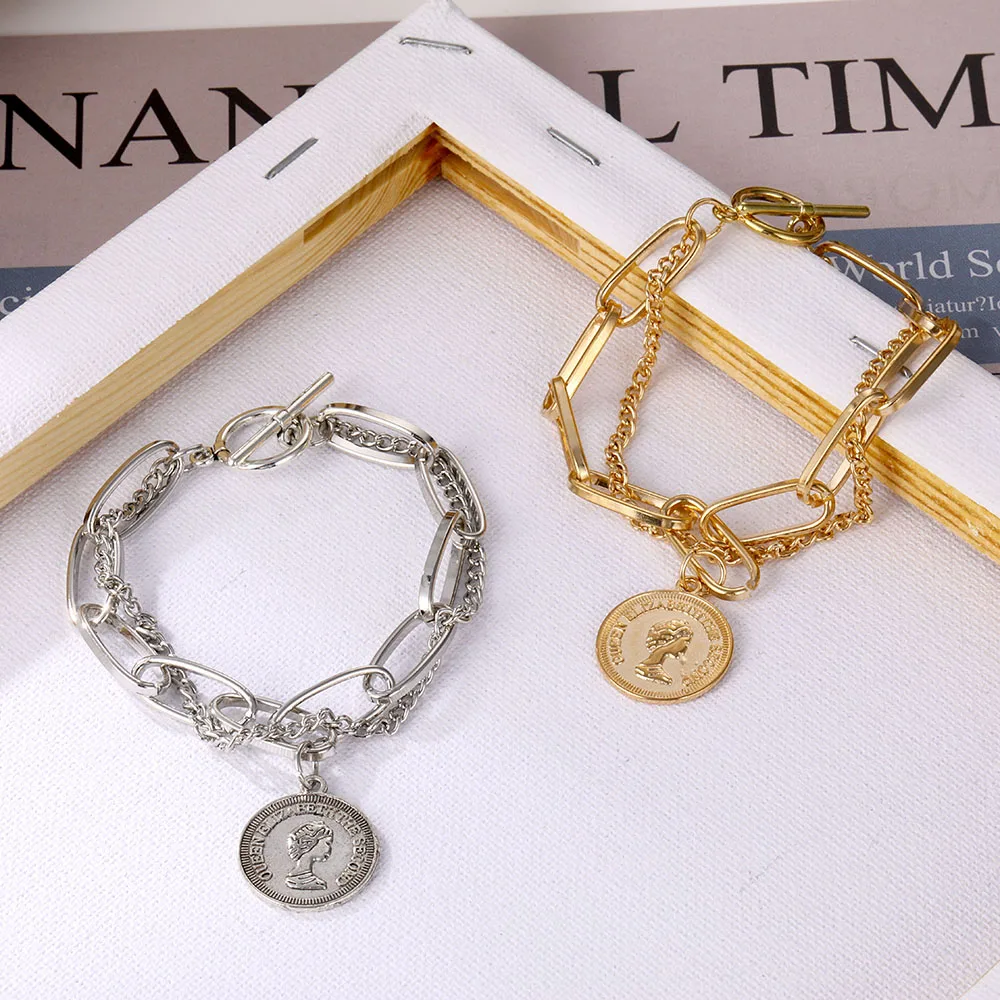 Punk Hip Hop Portrait Coin Bracelet Bohemian Retro Multilayer Chain Geometric Coin Pendant Bracelet Fashion Female Jewelry image 2