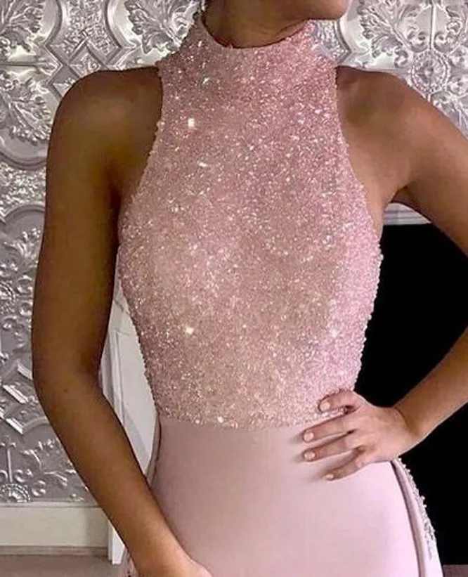 2020 collo alto paillettes in rilievo rosa elegante staccabile treno sirena abiti da sera da sera abito formale arabo con applicazioni in pizzo