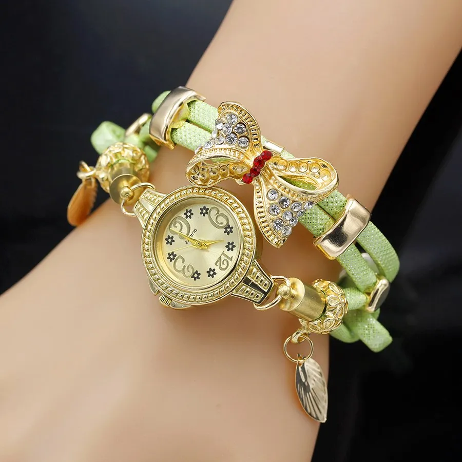 Shsby Fashion Women Rhinestone Watches Ladies Rope Strap Gold Alloy Bowknot Bracelet Quartz Wristwatches Women Dress Watches