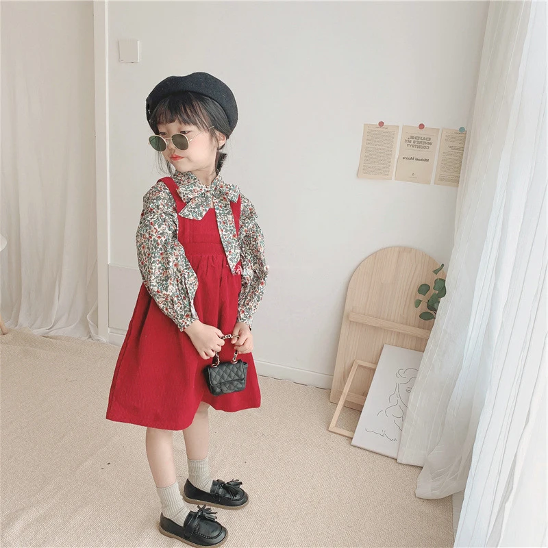 Girls Children\'s Clothing Sets 2024 Autumn New Girl Suit Baby Kids Small Fresh Floral Shirt +Strap Skirt Fashion Kids Outfits