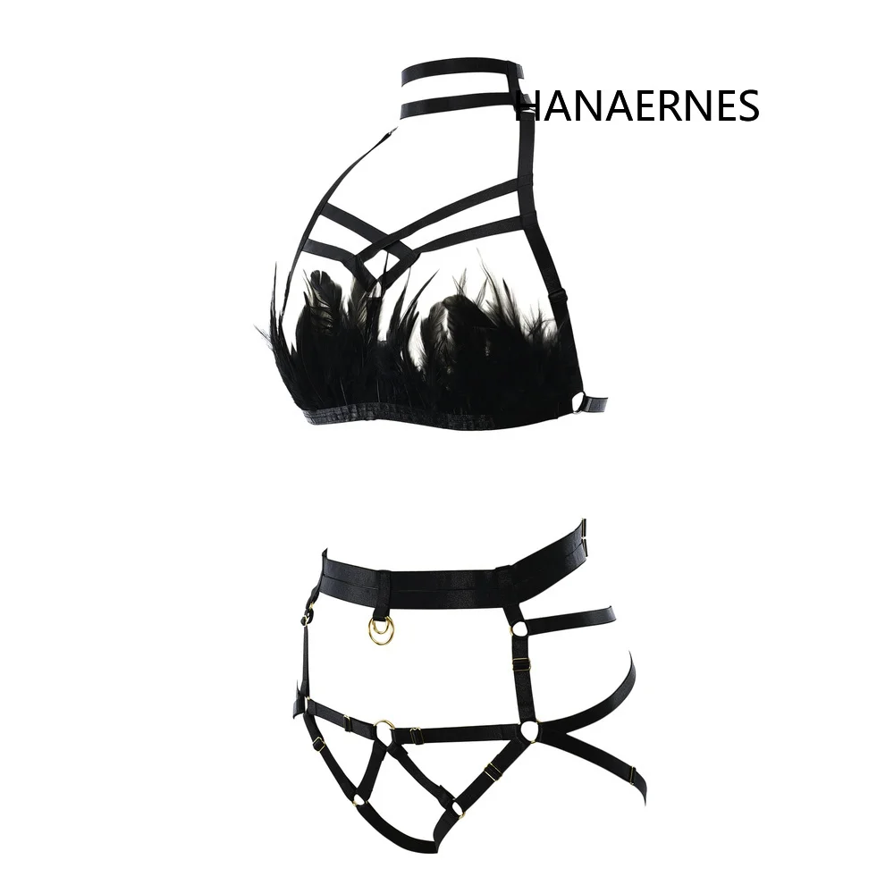 Hanaernes Zwarte Veer-Gewikkeld Crop Top Open Borst Kooi Band Beha Fetish Wear Bodem Slipje Sexy Lingerie Bondage Strap set