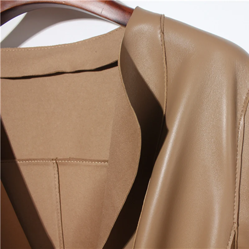 Women Clothing European Elegant Female Genuine Leather Coat Mujer Draw Back Round Neck Pleated Belt Caramel Jackets Streetwear