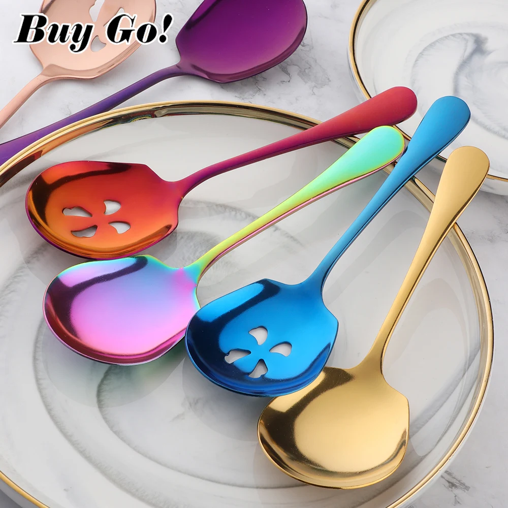 

2PCS Household Public Serving Spoon Stainless Steel Soup Colander Spoon for Ice Cream Dinner Spoons Rice Salad Kitchen Tableware