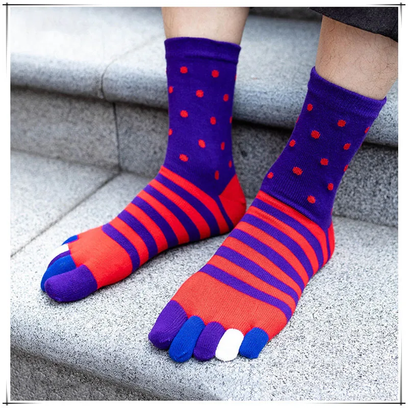 Mens Cotton Toe Socks Striped Contrast Colorful Patchwork Five Finger Socks Free Size Basket Calcetines Short Sox Gifts for Men