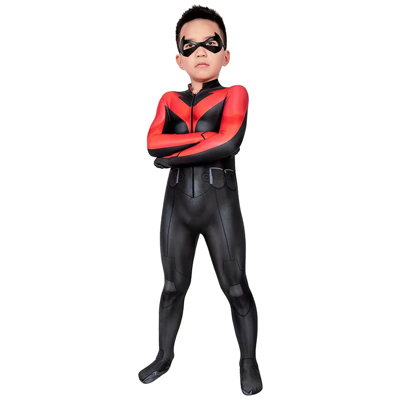 Kids Bat The Judas Contract Dick Grayson Jumpsuit Cosplay Costume For Children Halloween Masquerade Printing Bodysuit