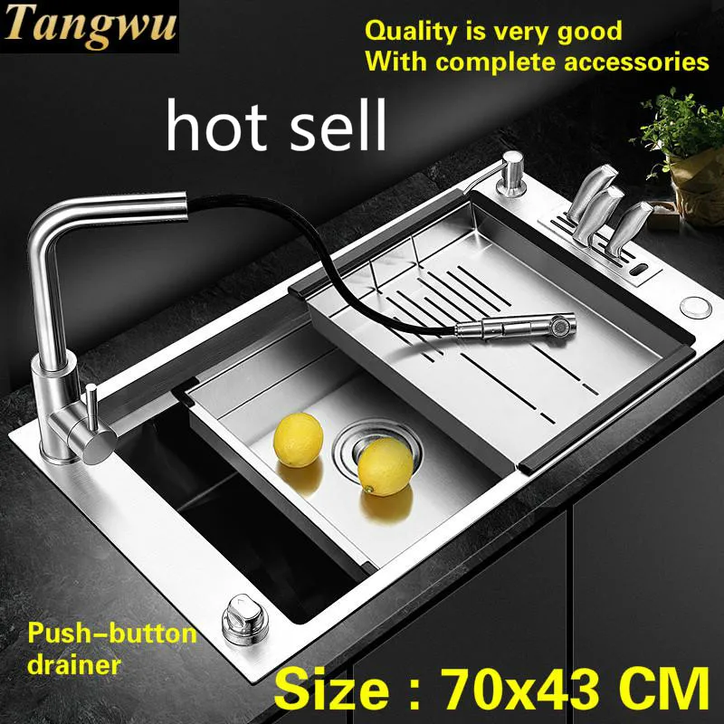 

Free shipping Household kitchen manual sink single trough push-button drainer 304 food grade stainless steel hot sell 70x43 CM