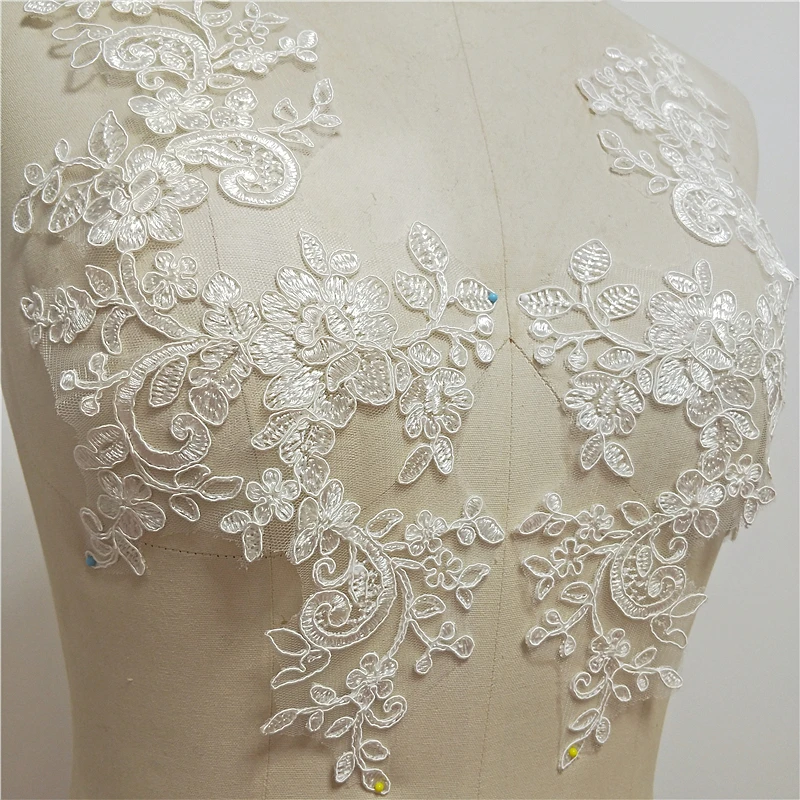 1Pair/2pcs Ivory Embroidery Lace Flowers Applique Trim Veil Diy Handmade Materials Wedding Dress Decoration Accessories 34X16cm