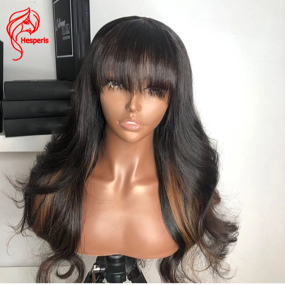 

Hesperis Body Wave Highlight Human Hair Wig With Bangs Brazilian Remy Scalp Top Full Machine Made Wigs 200 Density Wear And Go