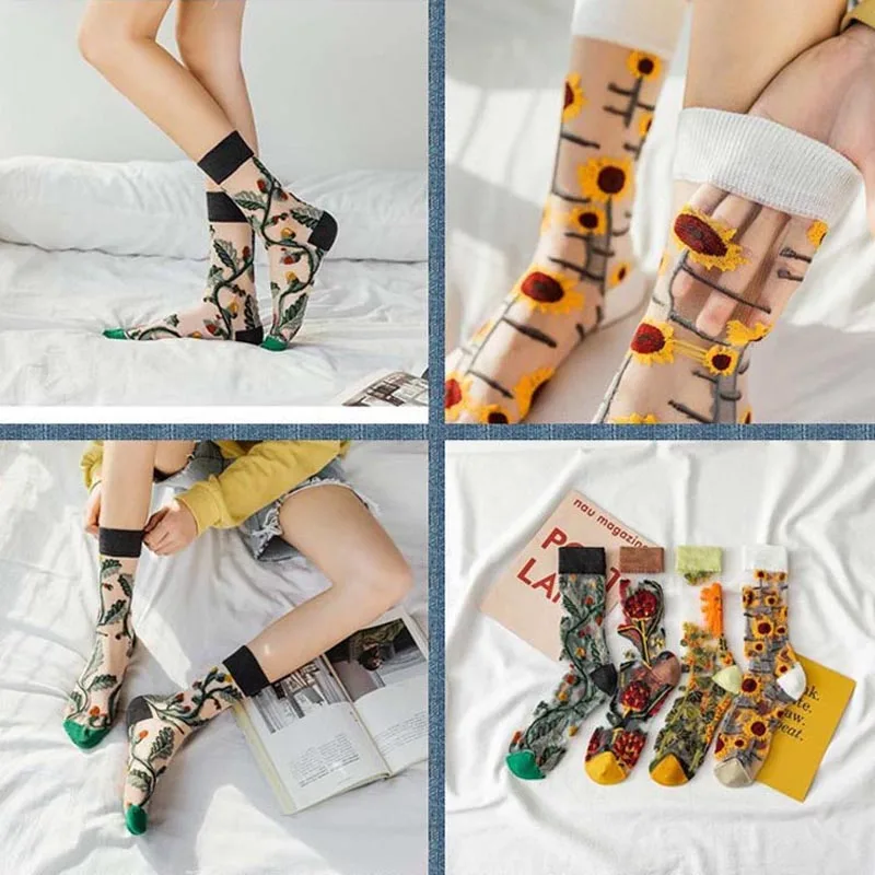 Qisin 1Pairs Harajuku High Quality Creative Crystal Silk Tide Socks Sunflowers Vines Flowers Animal Fruit Glass Silk Women Socks