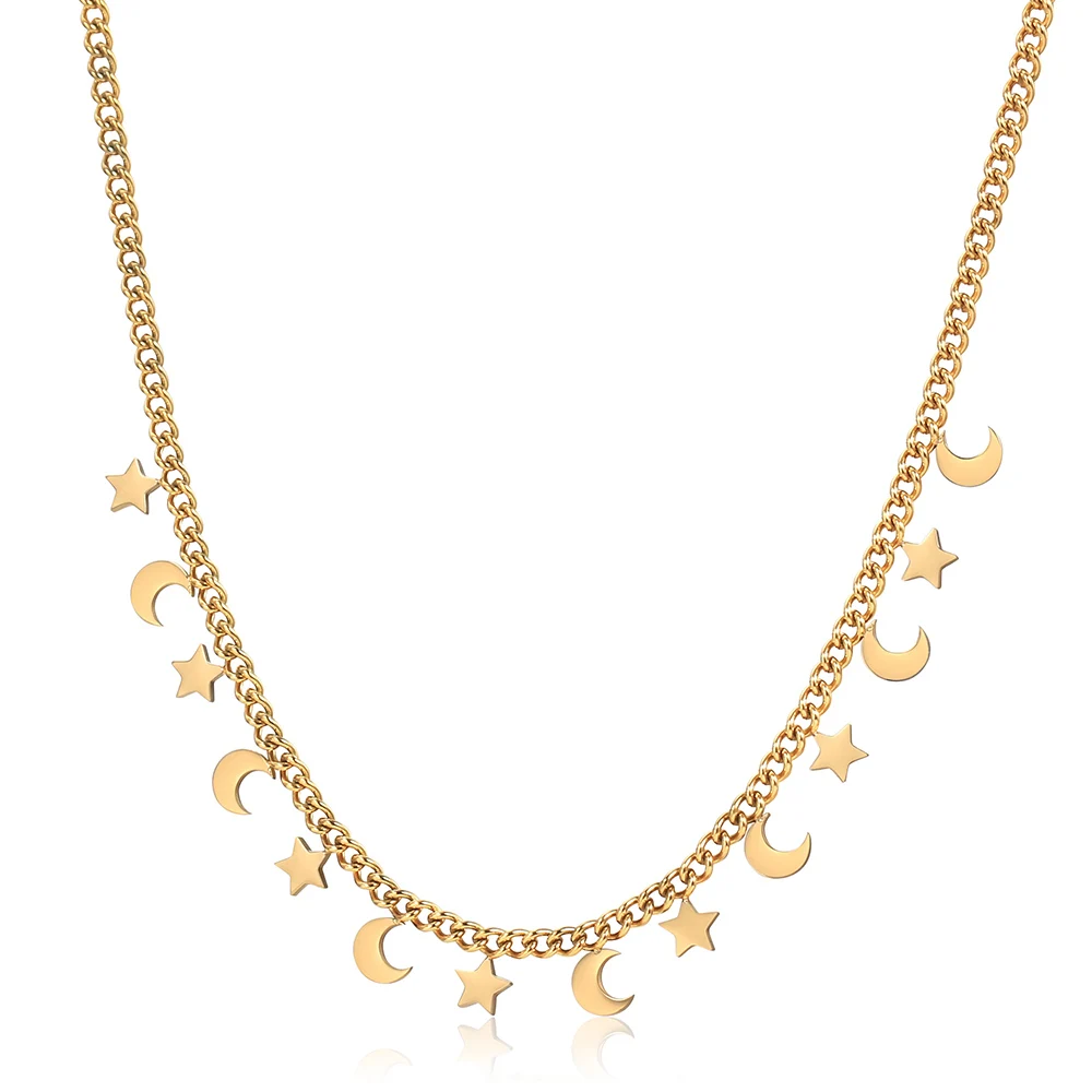 

Womens Girls Gold Color Star Moon Charm Necklace Stainless Steel Cuban Link Chain Fashion Female Choker Jewelry 16inch DN326A