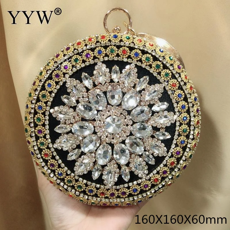 Yyw bolsa feminina brilhante strass redonda para tarde bolsa de mão elegante bolsas de mão festa de casamento bolsa de mão de cristal dourada