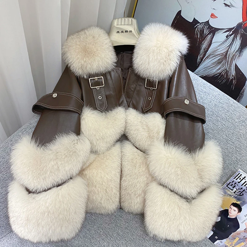 ZDFURS * 2021 winter fox fur coat female short fur coats sheepskin with fox fur collar New buckle strap design Chest heart shape