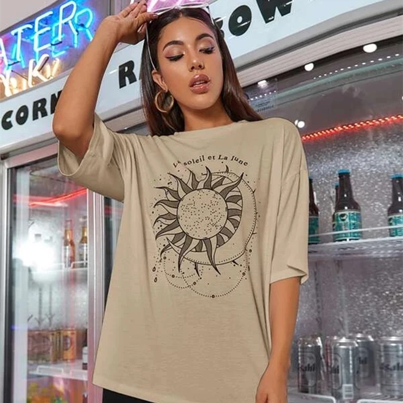 Women Short Sleeve Sun Moon Funny Printed T Shirt Cotton O-Neck Fashion Street Style Tops for Female