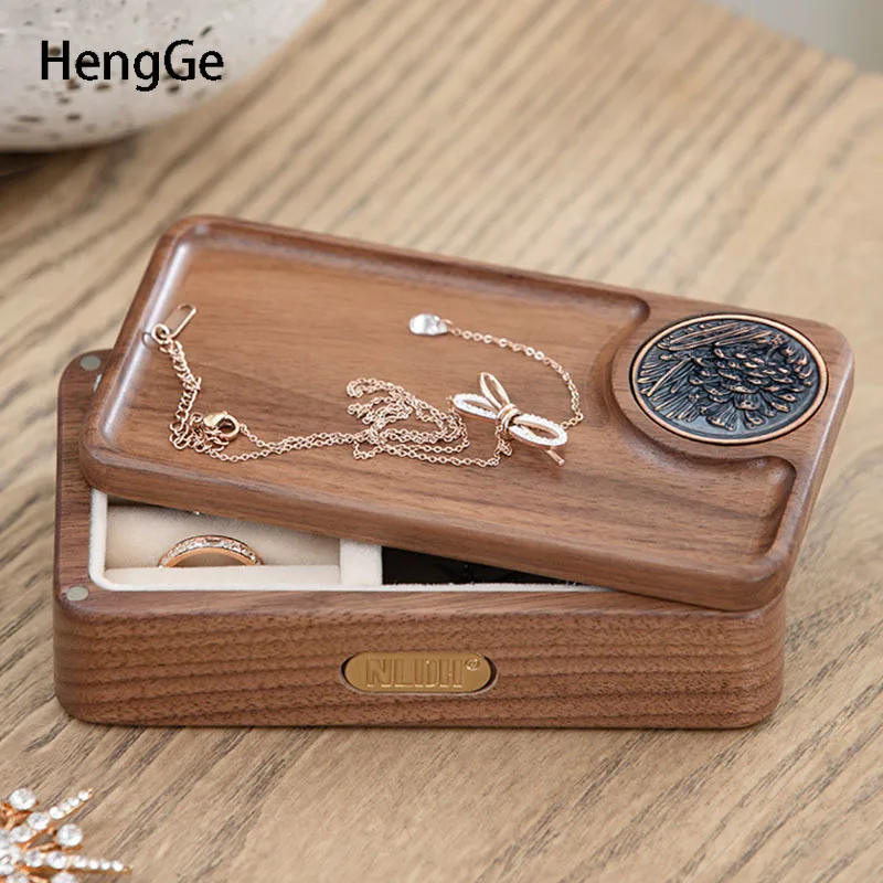 Black Walnut Wood Jewelry Storage Box Pine Cone Relief Crafts Travel Carry Portable Jewelry Organizer Packaging Display Box Gift