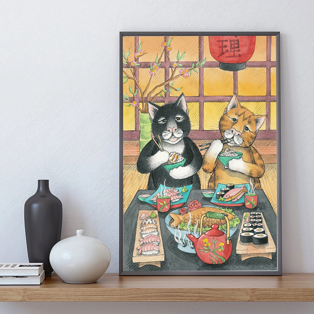 

Funny Japanese Poster Ramen Sushi Canvas Painting Samurai Cat Art Print Ukiyoe Modern Wall Picture For Living Room Home Decor