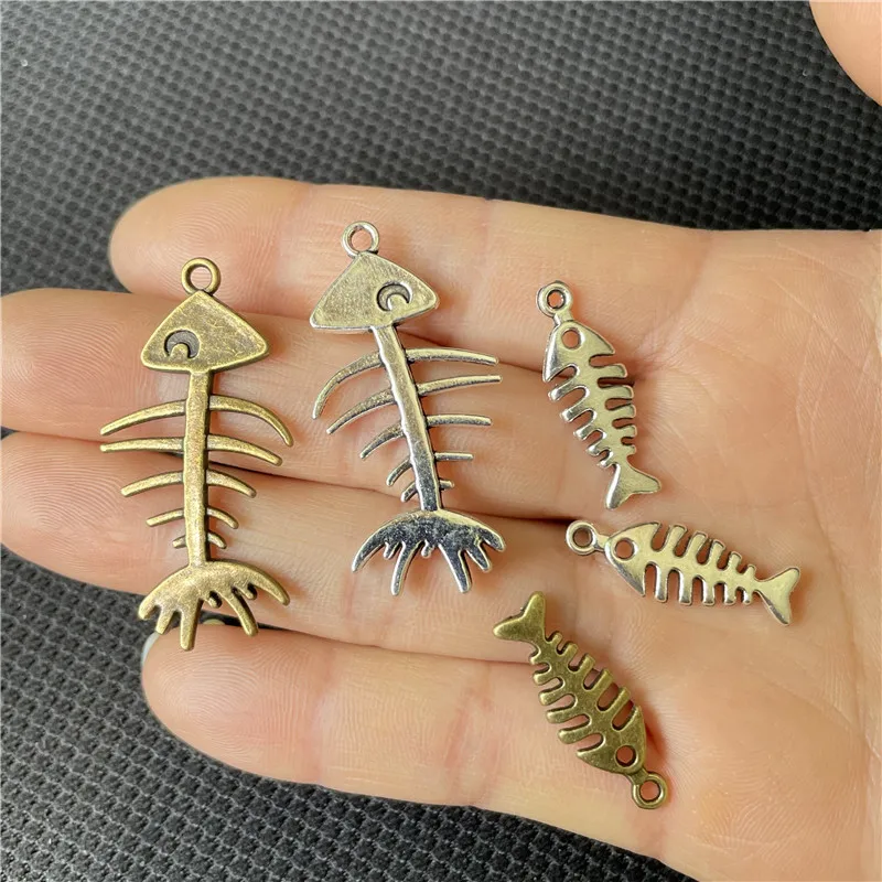 JunKang 2 color retro style fish bone pendant DIY handmade necklace bracelet connection piece wholesale jewelry