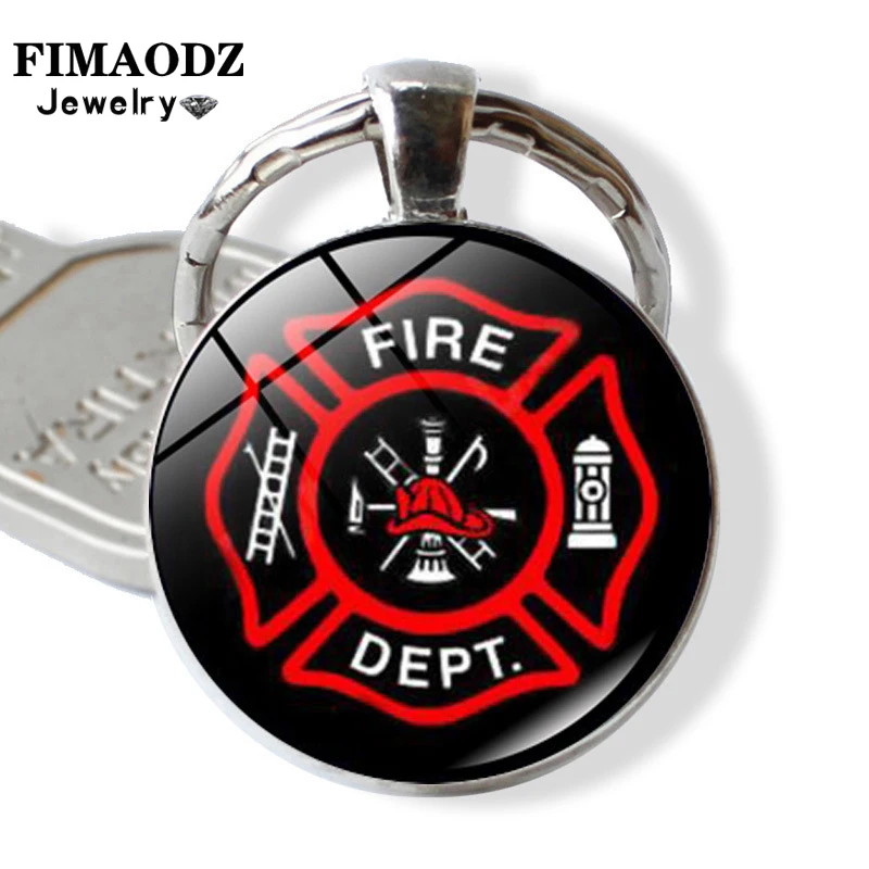 FIMAODZ Firefighter Keychain 25mm Glass Cabochon Fire Fighter Print Alloy Keyring Key Holder