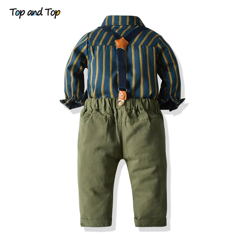 Top and Top Autumn Boys Clothing Set Long Sleeve Striped Bowtie Shirt Tops+Suspender Trousers Baby Kid Formal Gentleman Suit