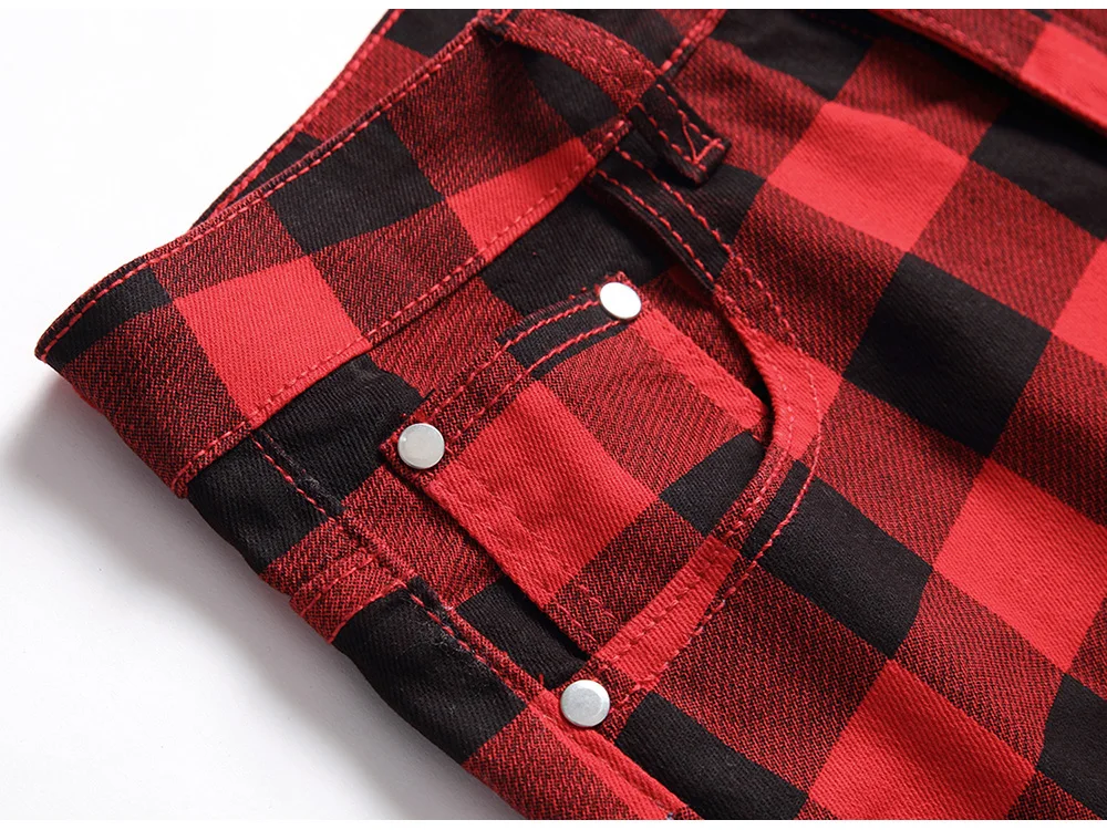 Herren Rote Karierte Bedruckte Hose Modische Slim-Fit Stretch-Jeans Trendige Übergrößen Gerade Hose – Detail 5