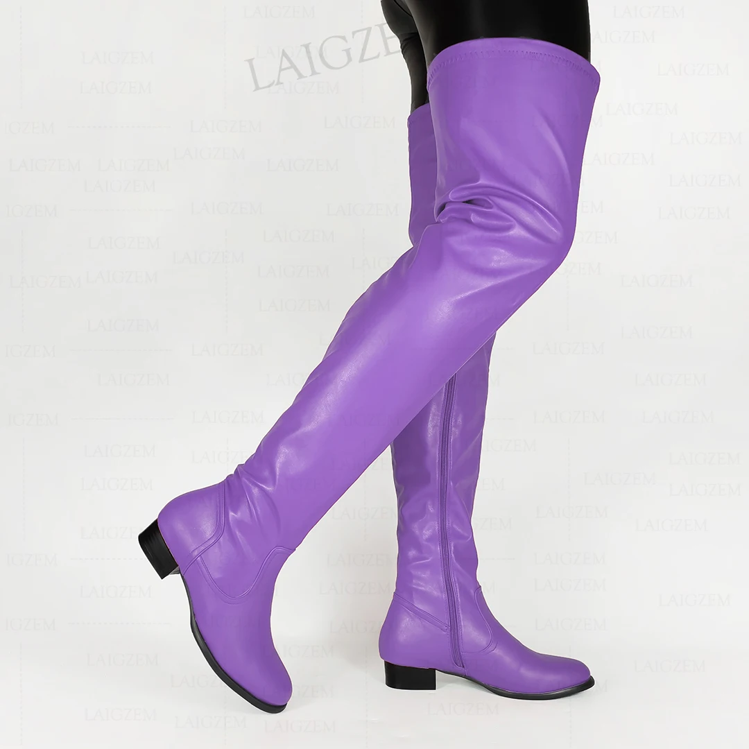 LAIGZEM Women Over Knee Boots Side Full Zip Round Toe Low Heels Boots Comfortable Unisex Lady Shoes Woman Big Size 42 45 47 52