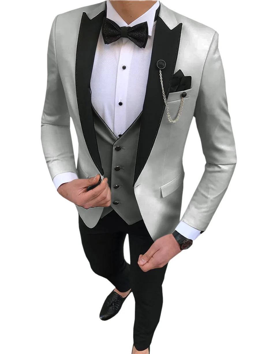 Men Suits 3 Pieces Slim Fit Leisure Groomsmen White Ivory Lapel Business Tuxedos for Formal Wedding(Blazer+Pants+Vest)