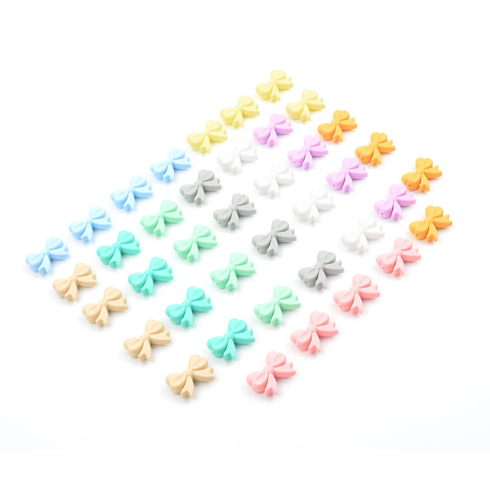 LOFCA 50pcs Bowknot Silicone Beads DIY Food Grade Silicone Teething Pacifier Cute Shaped Silicone teether Holder Accessories