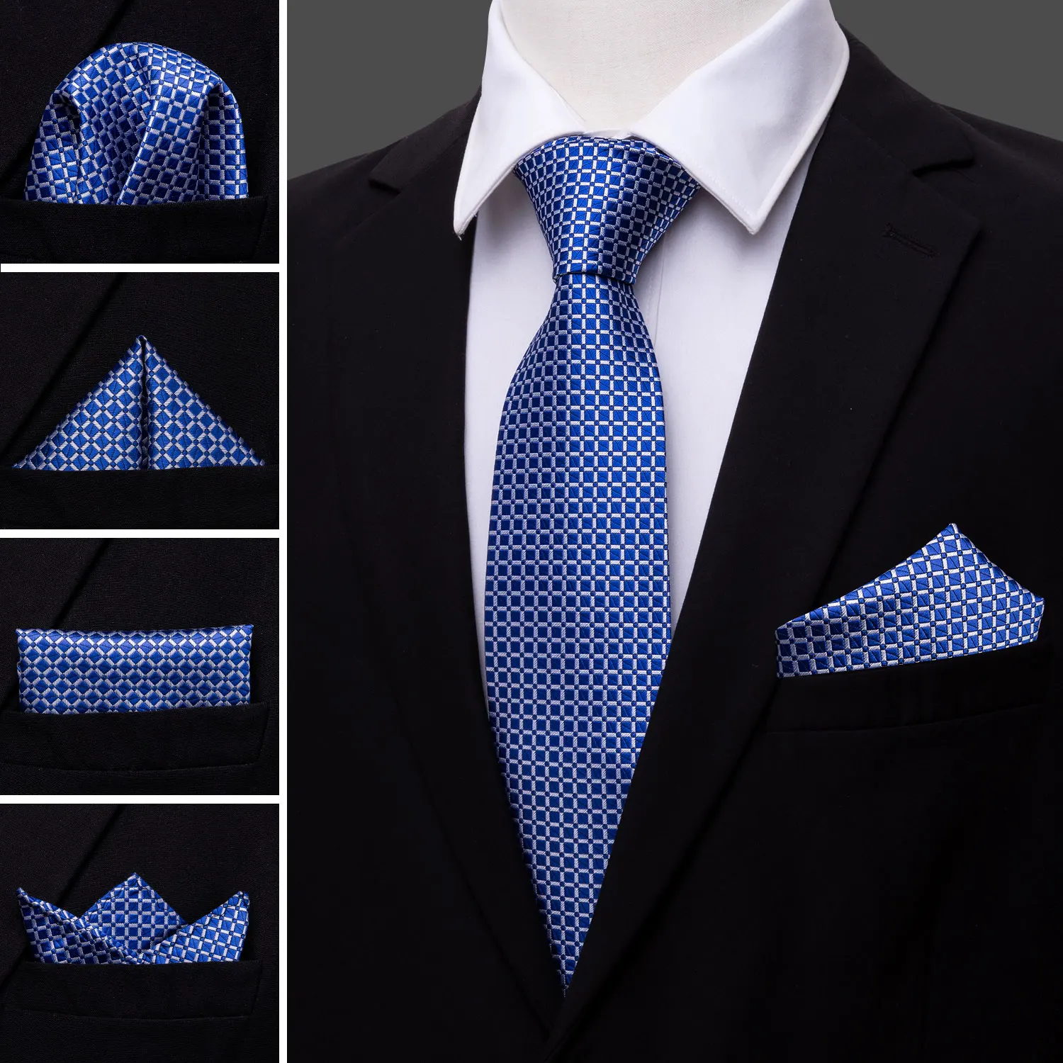 

LS-1518 Barry.Wang Classic Men`s Tie 100% Silk Blue Novelty Necktie Hanky Cufflink Set For Men`s Wedding Party Business