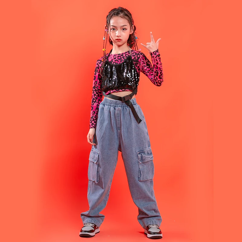 

Kid Hip Hop Stage Clothing Leopard Crop Tops Sequin Tank Top Streetwear Tactical Cargo Pants for Girl Dance Costume Clothes