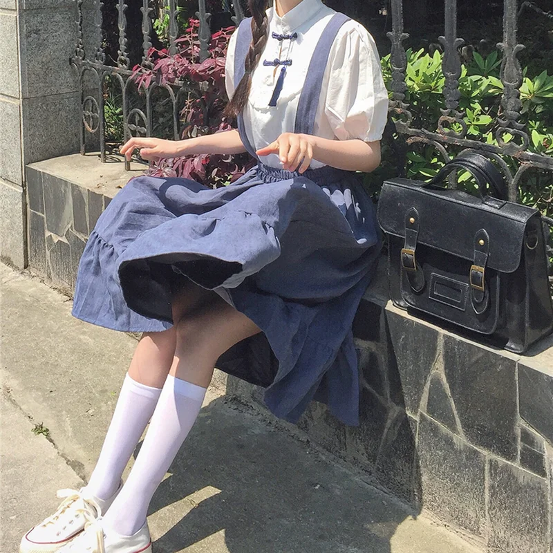 Mulheres Babados sem mangas estilo japonês Vestidos sólidos, chique, na moda, Universidade, doce, Harajuku, elástico na cintura, Kawaii
