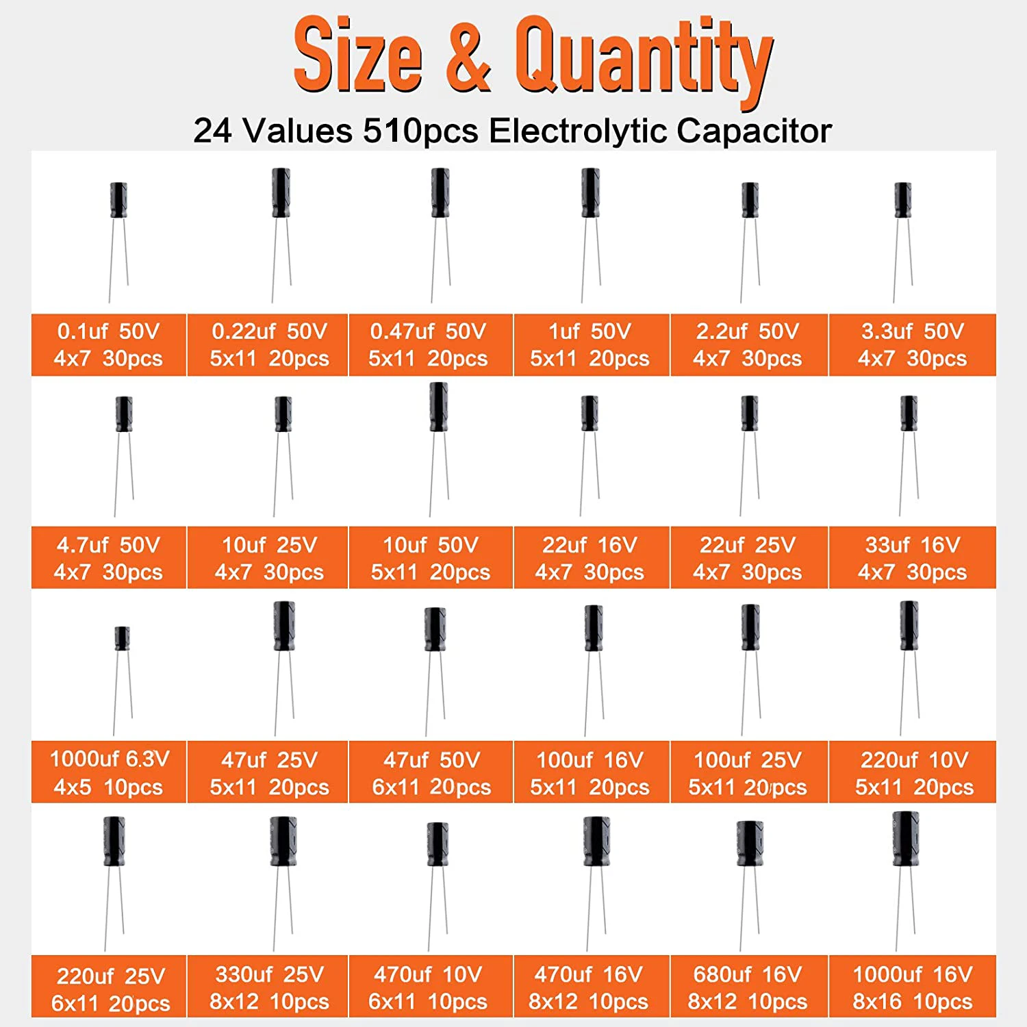 510 pces 24 valoriza o jogo de alumínio 10-50v da variedade do capacitor eletrolítico escala 0.1uf-1000uf mais capacitores eletrolíticos sortidos