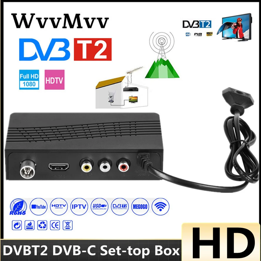 HD TV Tuner DVB T2 USB2.0 TV Box HDMI 1080P DVB-T2 Tuner Receiver Satellite Decoder Built-in Russian Manual For Monitor Adapter