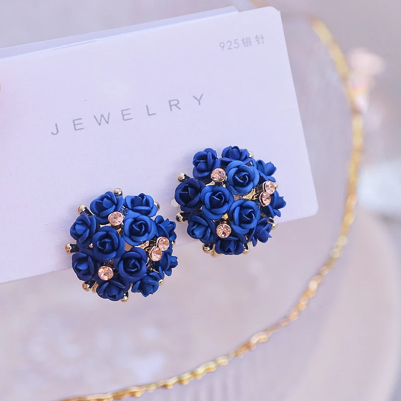 Romantic Sweet Colorful Rose Flowers Stud Earrings for Women Elegant Luxury Crystal Earrings Female Wedding Party Jewelry Gifts