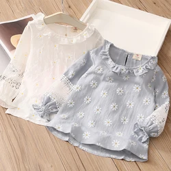 Spring Autumn 2 3 4 6 8 10 Years Children's Cloth Cotton Baby Long Sleeve Cutout Hollow Out Flower Floral Kids Girl Blouse Shirt