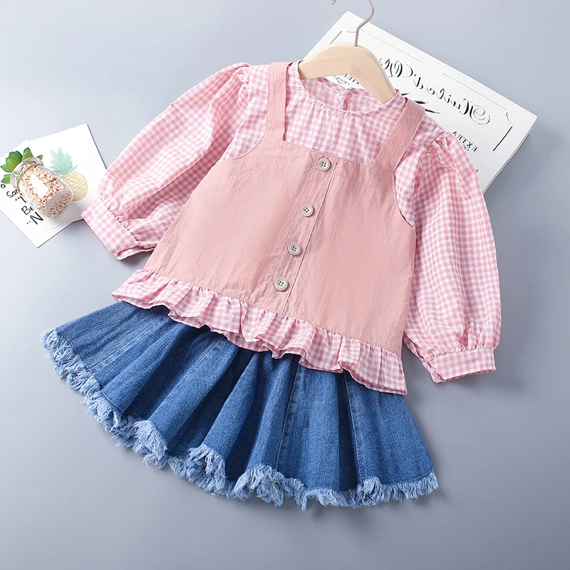 

3-10 Years High Quality Cotton Spring Girl Clothing Set 2022 New Fashion Pink Green Kid Children Clothes Blouses+Denim Skirt