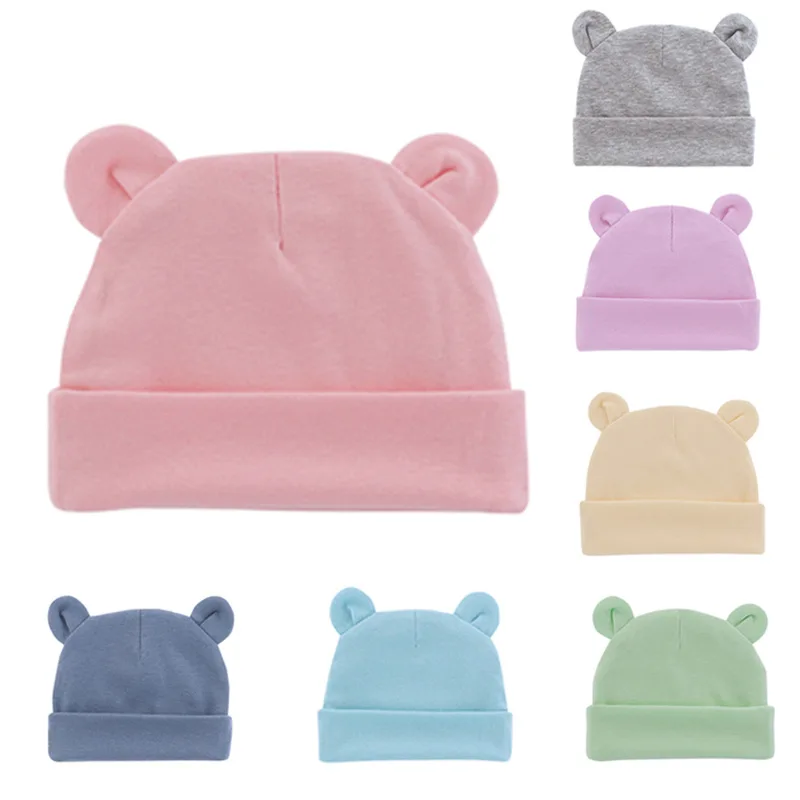 

Solid Cotton Newborn Baby Tire Caps With Ear Girls Boys Sun Hats With Bow 2018 Spring Summer Baby Girls Clothing Accessories