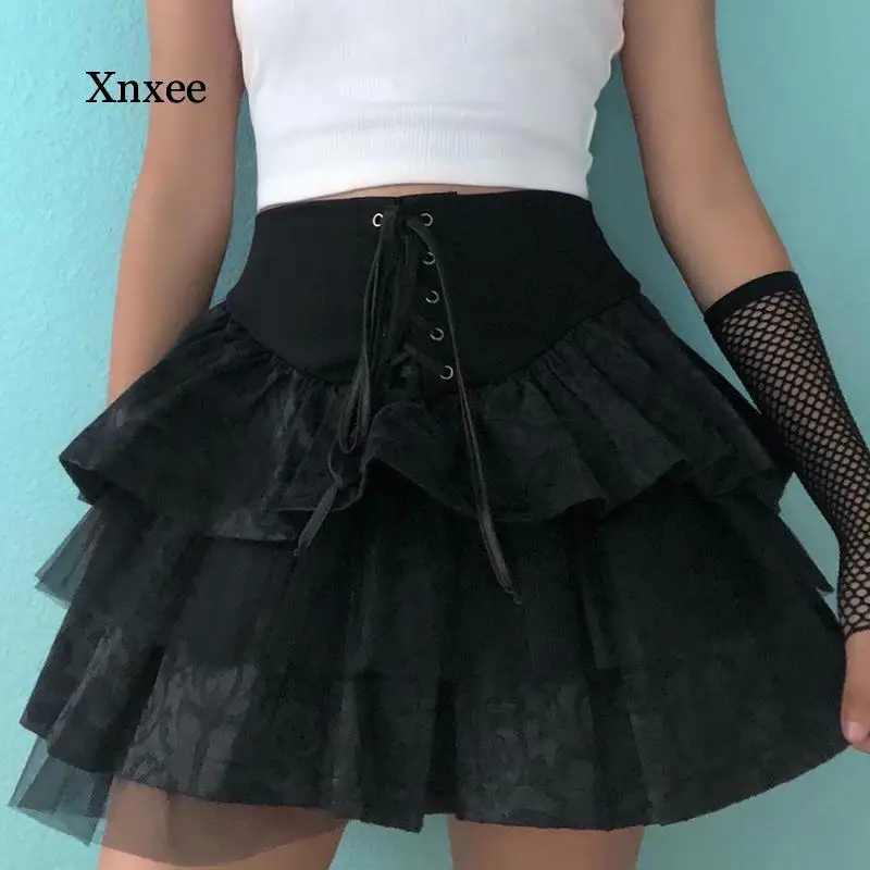 Laminated Rufflegoth Aesthetic Lace Up Mini Skirt for Women Dark Academia Mesh Patchwork A-Line Skirt Punk Style Party Black