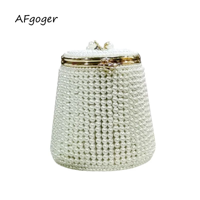 

Afgoger New Fashion Pearl Beaded Bucket Ladies Wrislet Handbag White Women Clutches Bag Wedding Party Purse For Female