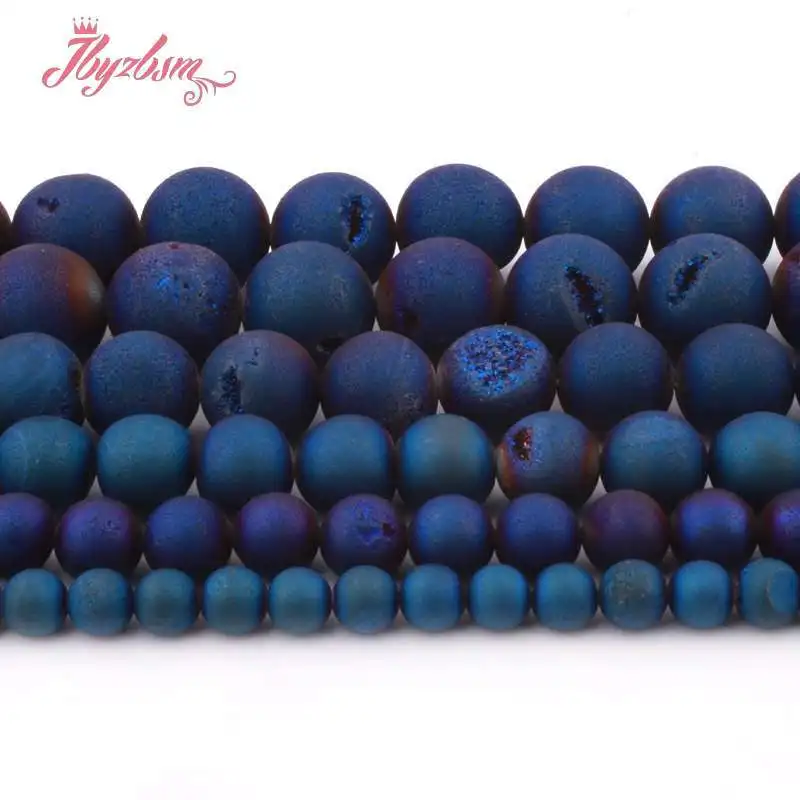 8,10,12,14mm Round Beads Blue Metallic Coated Druzy Agates Stone Beads For Necklace Bracelet Jewelry Making 15\