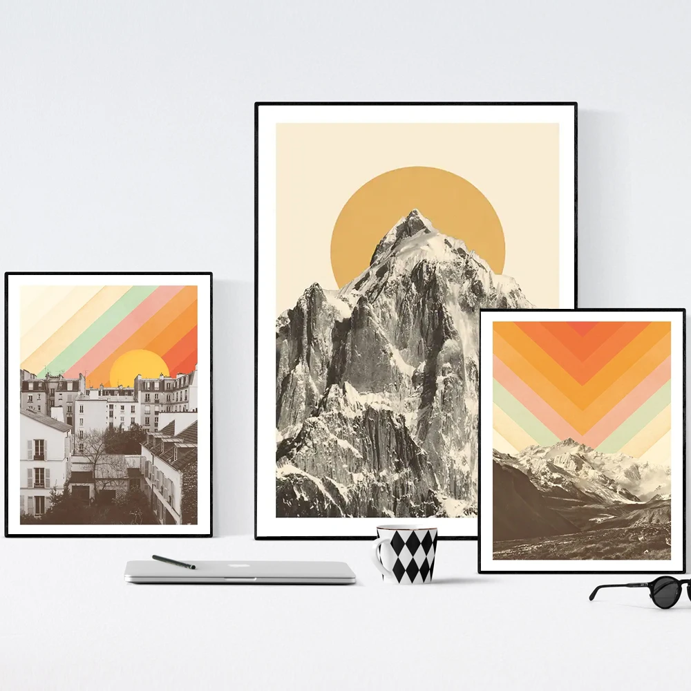 Mountainscape Wall Art Canvas Painting Rainbow Sky Above Paris Posters and Prints Abstract Picture Bedroom Interior Home Decor
