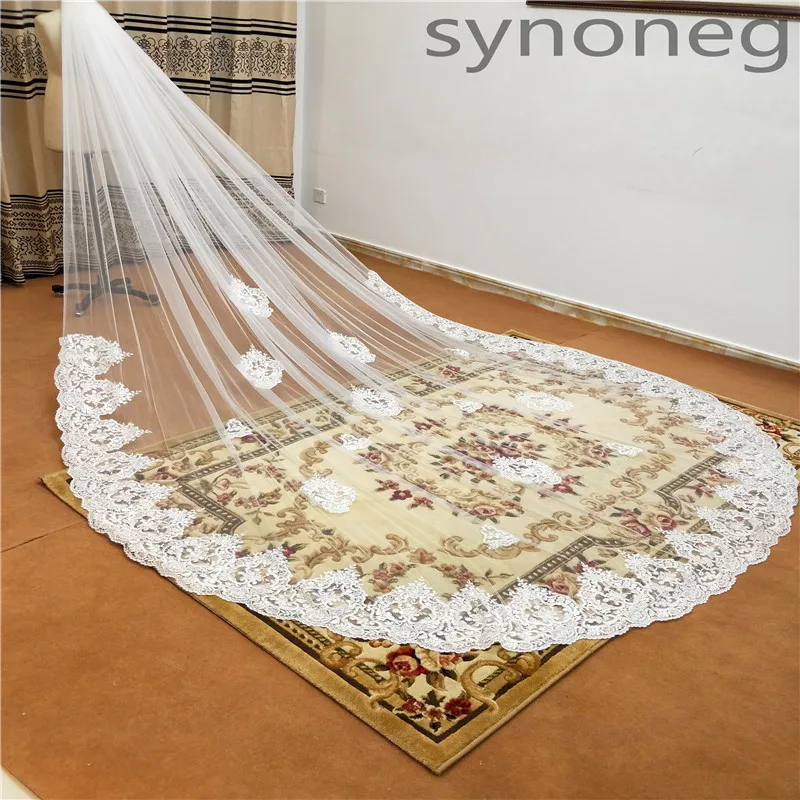 Real Photo 3m One Layer Wedding Veil With Comb White Lace Edge Bridal Veils 5m Ivory Cathedral Wedding Veil