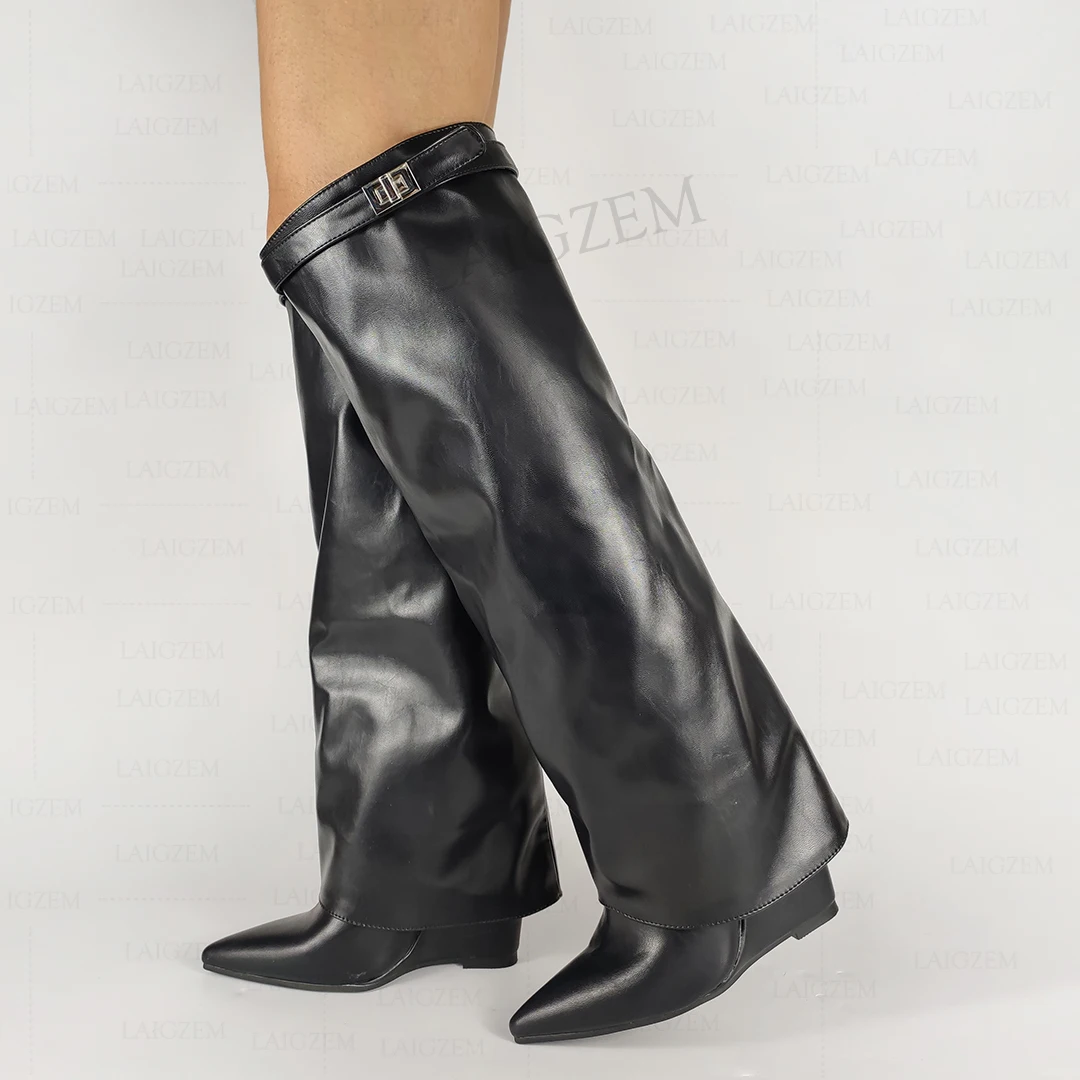 

DOHBANER Women Knee High Boots Pointed Toe Wedges Faux Leather Slip on Botines Mujer Female Ladies Shoes Woman Big Size 41 43 47